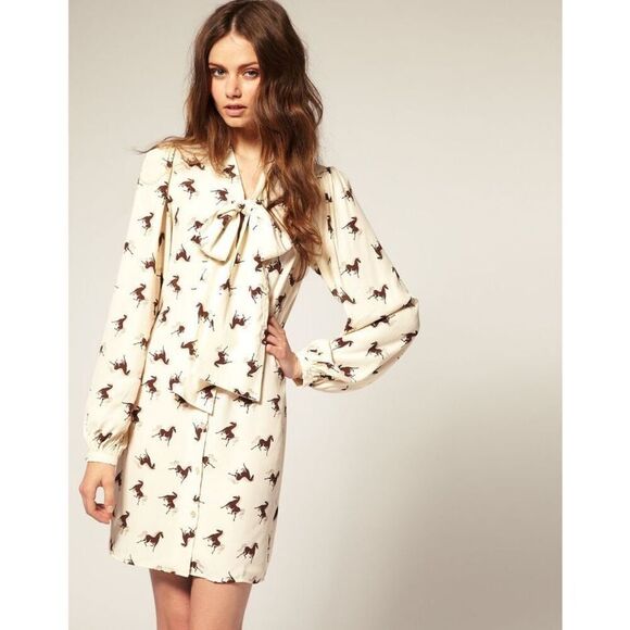 ASOS cream horse patterned front bow neck long sleeve mini dress - Picture 1 of 8